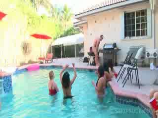 dolls having fun with strippers in pool