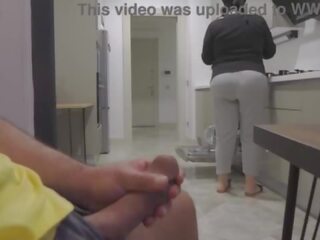 Stepmom caught me jerking off while watching her big ass in the Kitchen&period;