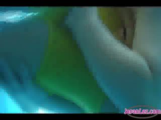 2 Asian Girls In Swimsuits Sucking Nipples Patting Rubbing Pussies In The Pool